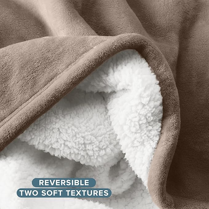 Bare Home Sherpa Fleece Blanket - Throw/Travel Size - Blanket for Bed, Sofa, and Couch - Warm & Lightweight - Fluffy & Soft - Reversible (Throw/Travel, Taupe)
