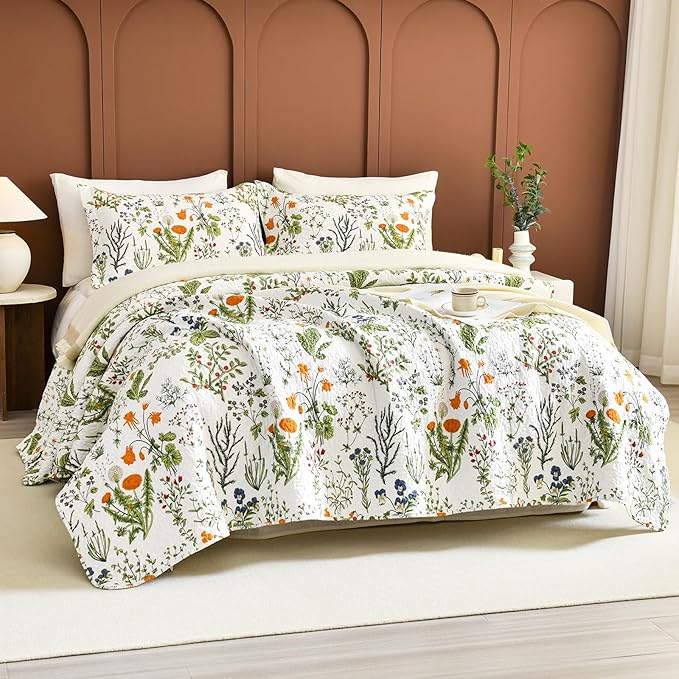 Lady Ann Oversized King Bedspreads 128x120,100% Cotton Floral Quilt Coverlet California King Size Extra Large Yellow Flowers & Leaves Pattern Plant Botanical Printed Lightweight Bedding Set, 3Pcs