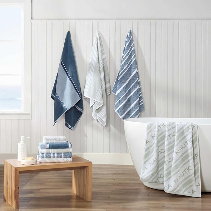 Nautica - Bath Towels, Soft & Absorbent Cotton Towels with Yarn Dye Terry Loops, Medium Weight Bathroom Towels (Windward Green, 6 Piece)