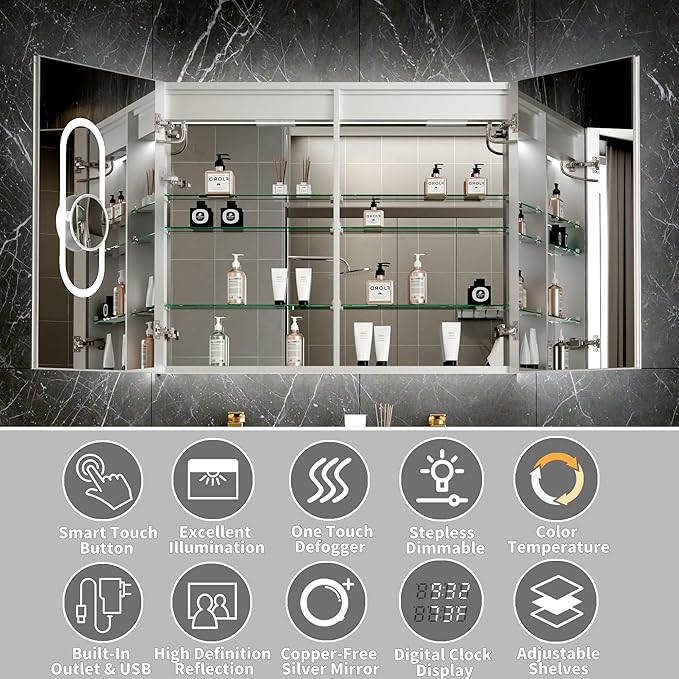 40"x32"Lighted Medicine Cabinet with Mirror，Recessed or Surface Mount LED Medicine Cabinet, Front&Backlit, Clock Temp Display, Anti-Fog, Stepless Dimming, 3-Color Temperatures, Adjustable Shelves