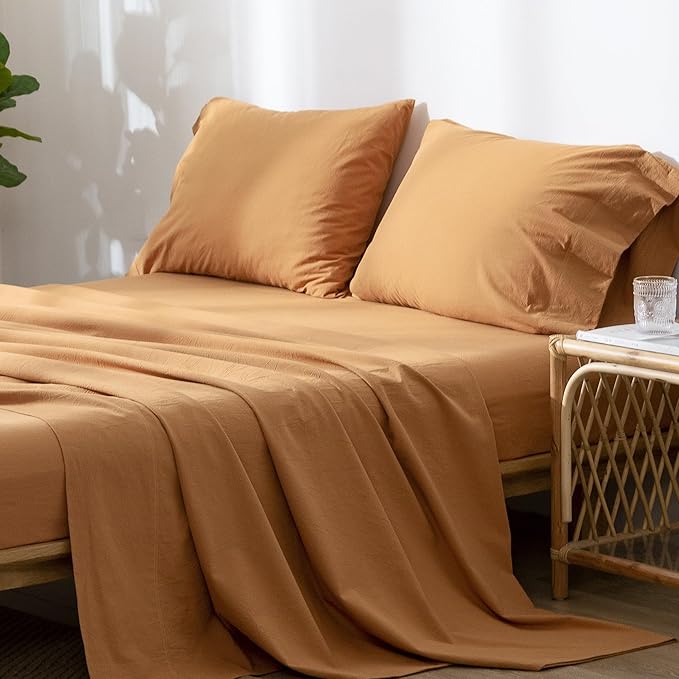 MooMee Bedding Sheet Set 100% Washed Cotton Linen Like Textured Breathable Durable Soft Comfy (Solid Burnt Orange, California King)