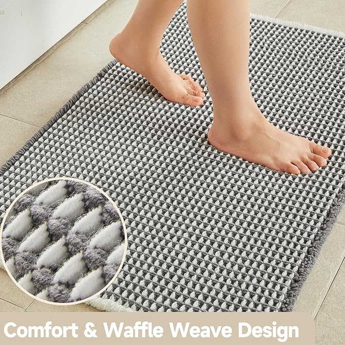 Waffle Bath Mat, Boho Bathroom Rugs Non Slip Washable Super Absorbent Quick Dry Bath Mat Farmhouse Bathroom Decor, 30"x20" Grey and White