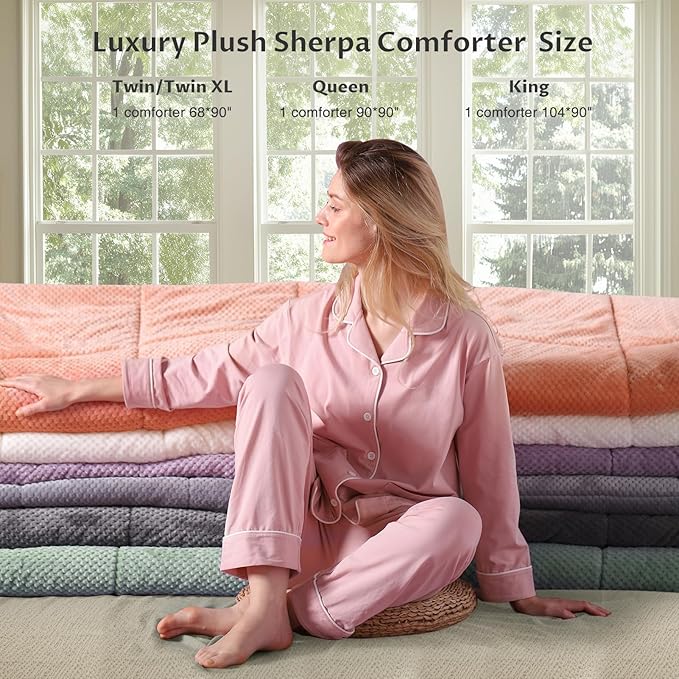 KASENTEX Super Ultra Soft Luxury Plush Sherpa Comforter, Cozy Reversible Fleece - Goose Down Alternative Fill, Machine Washable Bedding, Sunset Rose Pink, King Size