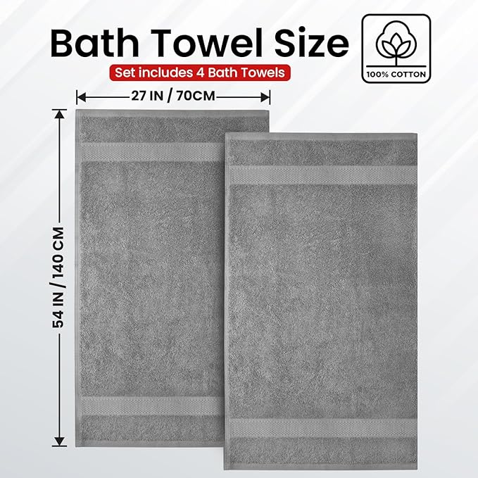 Infinitee Xclusives Luxury 100% Ring-Spun Cotton Bath Towels Set of 4 (27x54 inches) – Soft, Absorbent & Quick-Drying Towels for Bathroom, Gym, Spa & Hotel Use (Charming Grey, Bath Towels)