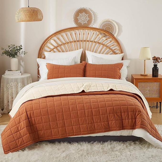 Cotton Quilt Bed Spreads, 3-Pieces Bedding Set with Coverlet Light Weight Quilt Blanket with 2 Pillow Shams (Burnt Orange, Queen)