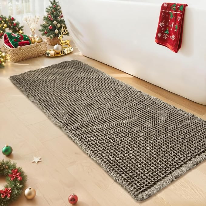 Waffle Bath Mat - Boho Bathroom Rugs Non Slip Washable, Super Absorbent & Quick Dry, Soft Bath Mat Farmhouse Bathroom Decor, 20'' x 48'', Olive Green