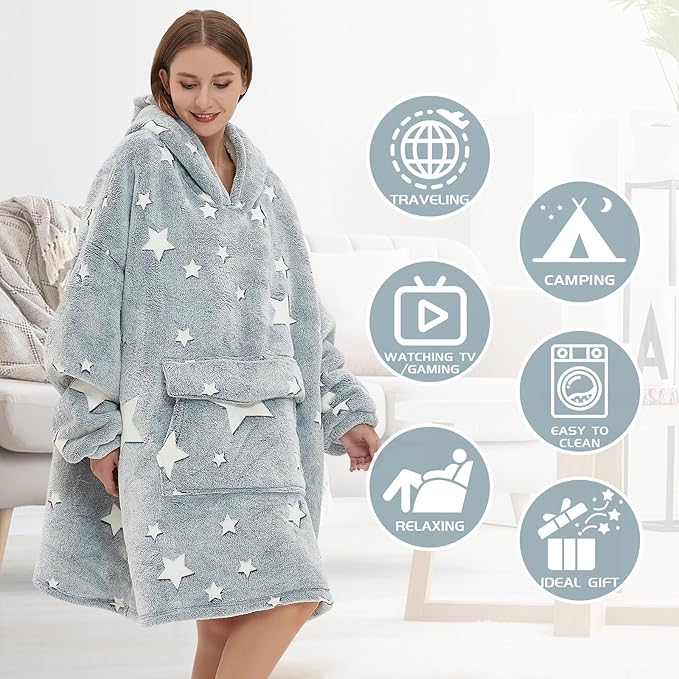 Glow in The Dark Wearable Blanket Hoodie for Adult,Oversized Sherpa Fleece Blanket Hoodie for Women Men,Luminous Stars