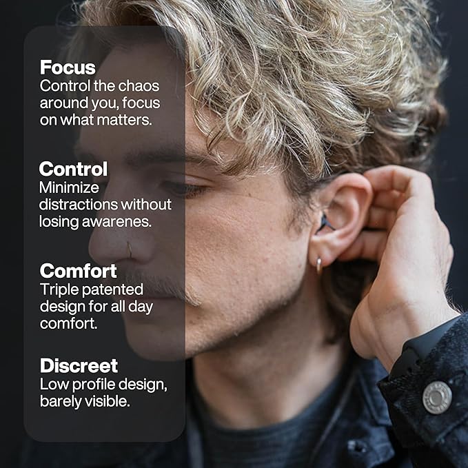 EarPeace Everyday Ear Plugs for Noise Reduction & Noise Control – High-Fidelity Earplugs, Comfortable & Reusable Earplugs for Travel, Sleep, Work, Snoring Blocking, Includes Carrying Case – Black
