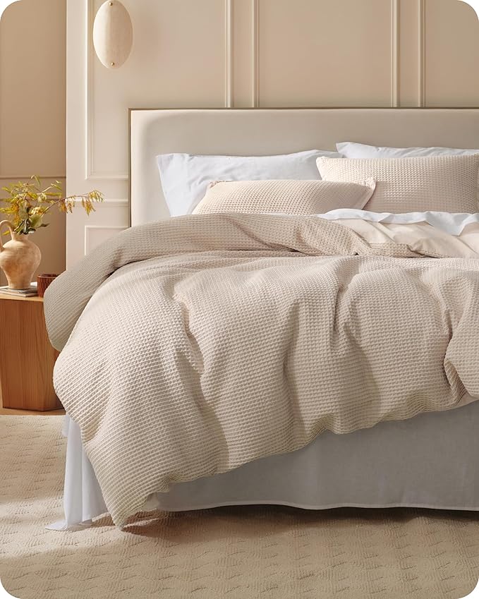 Bedsure Cotton Duvet Cover King - 100% Cotton Waffle Weave Beige Duvet Cover King Size, GentleSoft™ and Breathable Bedding Set for All Season, 3 Pieces, 104"x90"