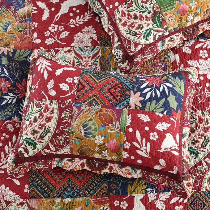Cotton Bedspread Quilt Bedding Sets 3 Pieces Reversible Coverlet Sets Comforters Gorgeous Paisley Floral Patchwork Red Bedspread, Queen Size