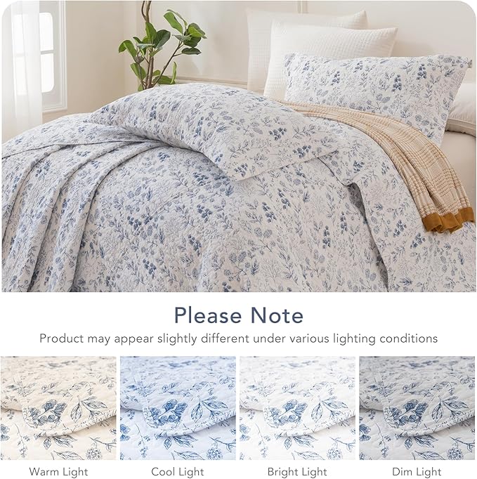 Lady Ann Oversized King Quilt Bedspreads 120x120, 3 Pcs Cotton Floral California King Size Quilt Bedding Set， Blue and White Floral & Leaves Pattern Plant Botanical Printed Quilted Coverlet Set