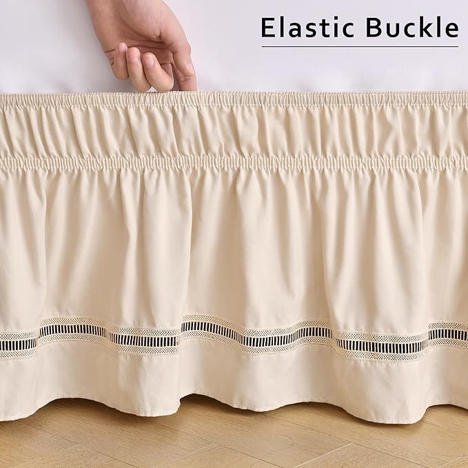 MIYE Wrap Around Ruffled Lace Bed Skirt, Elastic Dust Ruffle with Adjustable Belts, Easy to Put On, Bed Frame Cover, Machine Washable (Ruffled Lace/Light Beige, King/Queen-15 Drop)
