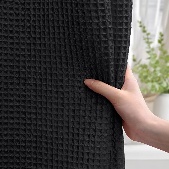 Extra Long Waffle Shower Curtain - Black Cotton Texture Fabric Heavyweight Shower Curtain for Bathroom,72Wx84L