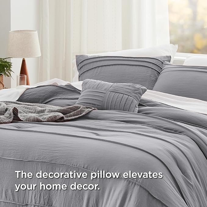 Bedsure Queen Comforter Set - 4 Pieces Pinch Pleat Bed Set, Grey Boho Bedding for All Season, 1 Soft Comforter, 2 Pillowcases, 1 Decorative Pillow