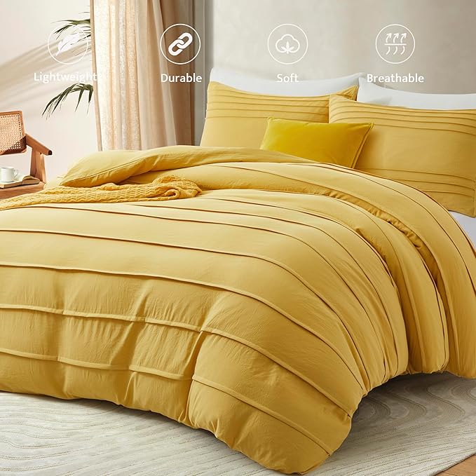 Oli Anderson Mist Yellow Duvet Cover King Size - Pleated King Duvet Cover, 3PCS Soft and Breathable Textured Bedding Set with Zipper Closure(Mist Yellow,104"x90")
