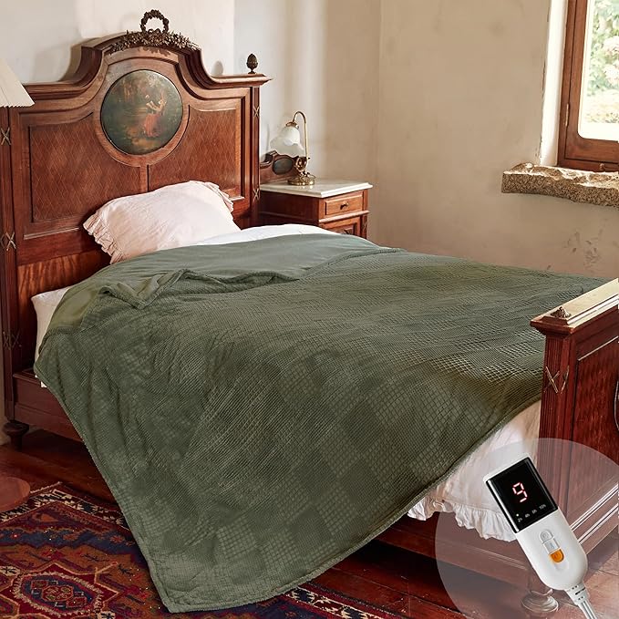 Electric Blanket Twin Size 62''X84'' - Heated Blanket with Single Control Fast Heating 9 Heating Levels & 10 Hours Auto Off,ETL Certified Machine Washable (Gray Green