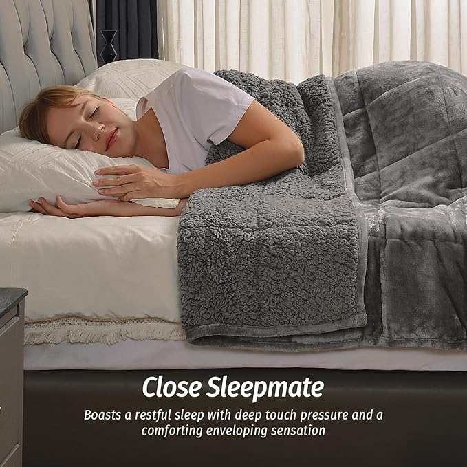 Wemore Sherpa Fleece Weighted Blanket for Adult, 15 lbs Dual Sided Cozy Fluffy Heavy Blanket, Ultra Fuzzy Throw Blanket with Soft Plush Flannel Top, 60 x 80 inches Grey on Both Sides