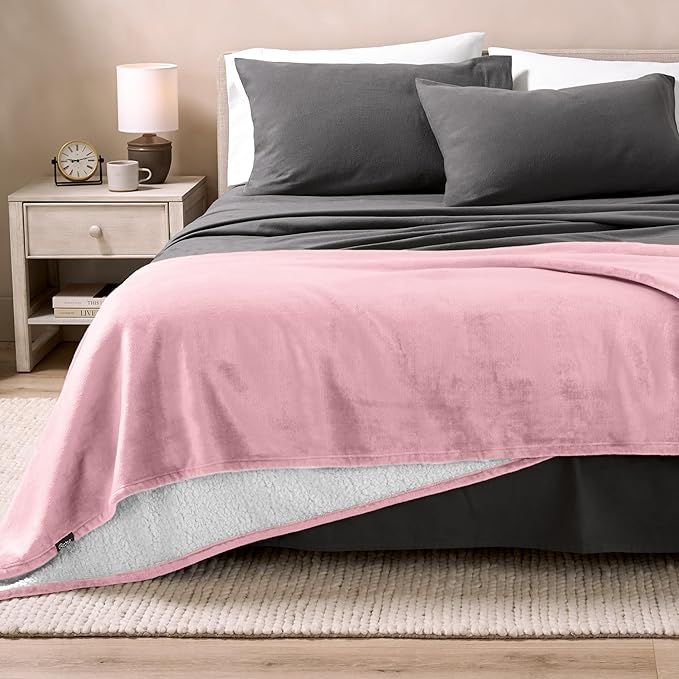 Bare Home Sherpa Fleece Blanket - Full/Queen Size - Blanket for Bed, Sofa, and Couch - Warm & Lightweight - Fluffy & Soft - Reversible (Full/Queen, Light Pink)