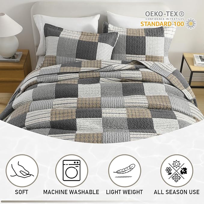 KALOOLA Plaid Quilts Queen Size, 100% Cotton Soft Lightweight Bedding Set 3 Pieces, Farmhouse Quilted Bedspread with 2 Pillowshams for Queen Bed, Grey White Black Coverlet for All Season
