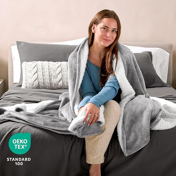 Bare Home Sherpa Fleece Blanket - Throw/Travel Size - Blanket for Bed, Sofa, and Couch - Warm & Lightweight - Fluffy & Soft - Reversible (Throw/Travel, Light Grey)
