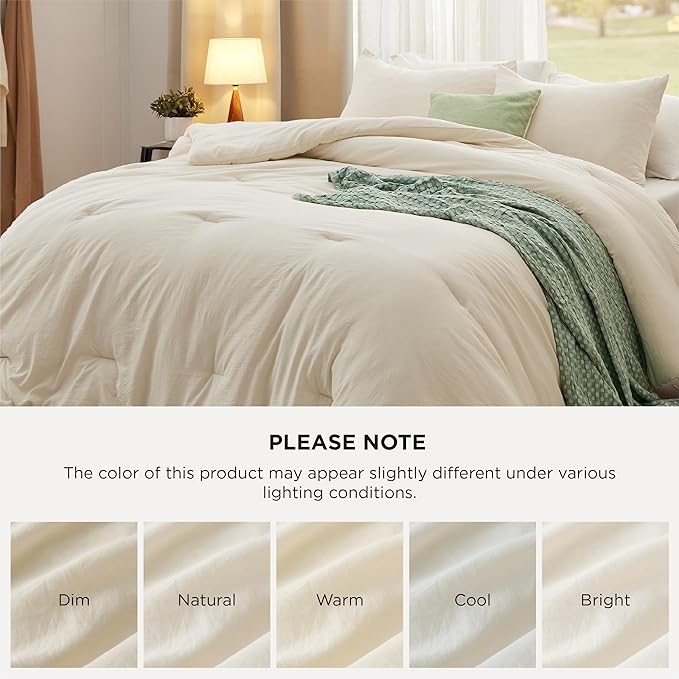 Bedsure Queen Size Comforter Set, Cream Soft Prewashed Bedding for All Seasons, 3 Pieces GentleSoft™ Warm Down Alternative Bed Set, 1 Lightweight Comforter (90"x90") and 2 Pillowcases (20"x26")