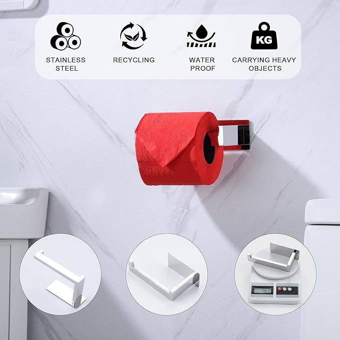 LANC Chrome Toilet Paper Roll Holder, Self-Adhesive Tissue Holder Wall Mount for Bathroom Office Stick On Toilet Paper Holder with No Drilling Rustproof Stainless Steel Silver Left Rod, A8307CP-LF