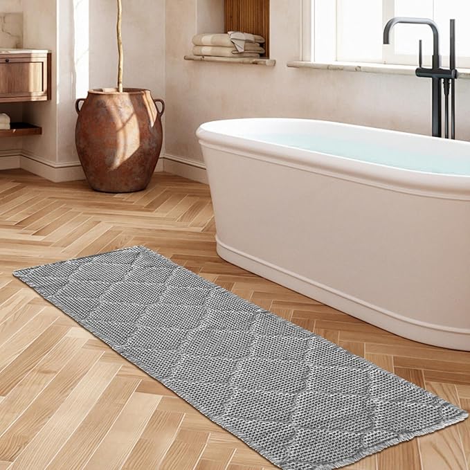 ZALL Waffle Bath Mat,Super Absorbent Non Slip Bathroom Rug,Grey 24X72inch, Geometric Diamond Machine Washable Ultra Soft Floor Mats Gray