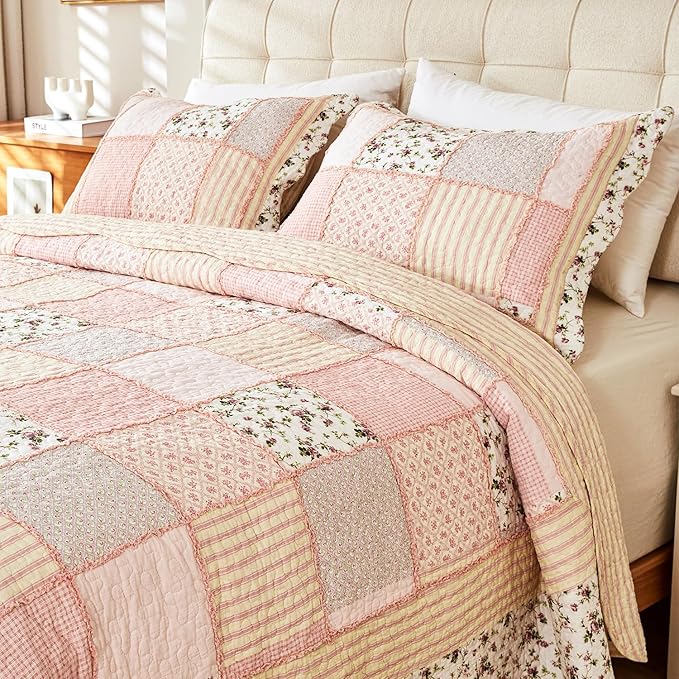 Cmfshape Floral Quilt Sets Bedspread Set 100% Cotton Patchwork Bedding Set, All Season Use Lightweight Reversible Coverlet Quilts with 2 Pillow Shams(King 106"x96")