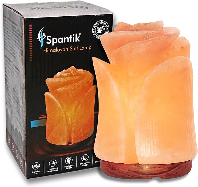 Spantik Tulip Shape Himalayan Pink Salt Lamp | Hand-Carved Rock Salt Flower Lamp | Natural Salt Night Light Desk Lamp for Home Office Decor | Himalayan Salt Lamps Sourced from Pakistan