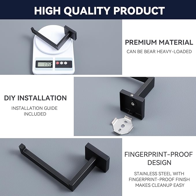 LANC Black Toilet Paper Holder, Bathroom Toilet Paper Roll Holder Wall Mount for Kitchen Washroom Modern Matte Black TP Tissue Holder Dispenser and Hangers Stainless Steel, Left A8807MB-LF
