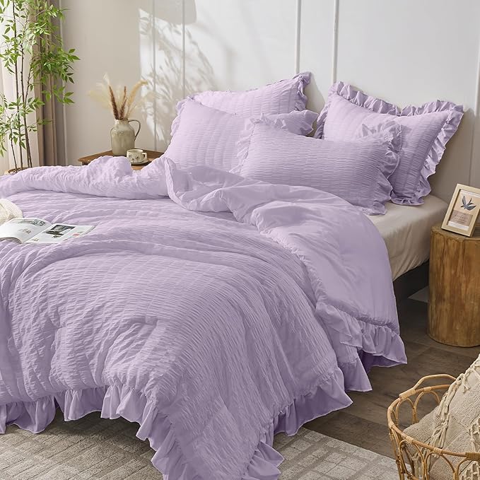 JOLLYVOGUE Lavender Queen Comforter Set, 3 Pieces Seersucker Comforters Queen Size, Lightweight & Fluffy Bedding Sets Queen for All Season with 1 Ruffle Comforter and 2 Ruffle Pillowshams