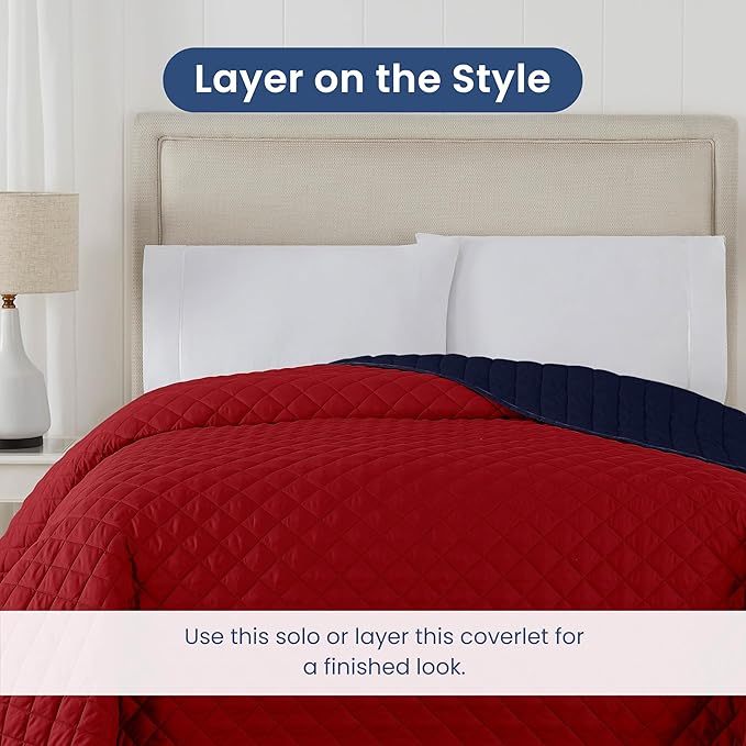 Martex Reversible Coverlet – Full Size Quilt – Queen Size Quilt - Lightweight Quilt Full Size– Durable Queen Size Quilts for Bed – Soft - Easy Care Bedding – Red/Navy