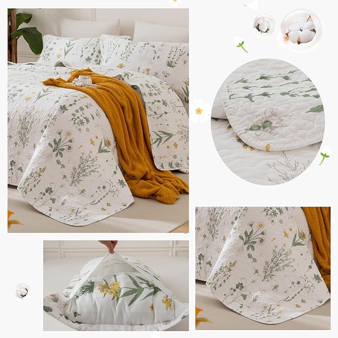 Lady Ann Cotton Quilt Sets Queen - Yellow Floral & Green Leaves Pattern Botanical Printed Quilted Coverlet, 3 Pcs Lightweight Soft Cottagecore Queen Bedspread Set Shabby and Chic Bedding