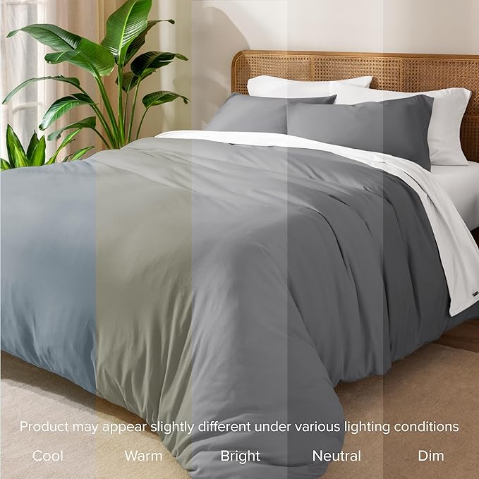 Bare Home 100% Organic Cotton Jersey Duvet Cover Set - Full/Queen Size - Ultra Soft - 100% Cotton - 3pcs - Corner Ties - Button Closure - Envelope Pillowcases (Full/Queen, Grey)