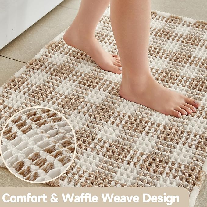 Waffle Bath Mat, Boho Bathroom Rugs Non Slip Washable Absorbent Checkered Bathroom Mat Quick Dry Farmhouse Bathroom Decor, 36"x24" Khaki and White