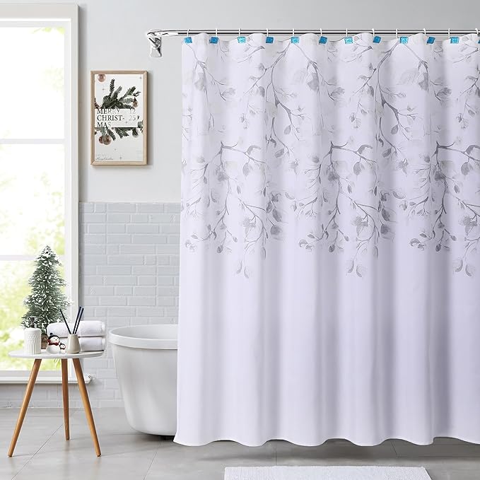 Central Park Gray Tan Leaf Shower Curtain Water Resistant Decorative Sweeping Floral Print Canvas Bathroom Spa Hotel Shower Curtain with Buttonholes (White, 70"x72")
