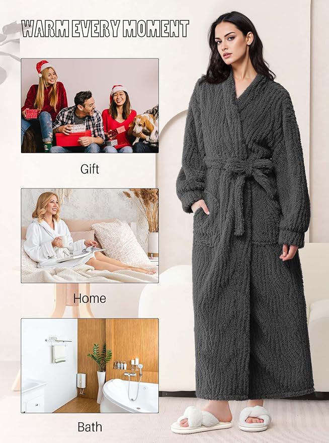 Artfasion Womens Long Fleece Robe - Warm Soft Floor Length Flannel Bathrobes for Winter Thicker Long House Coat with Pockets