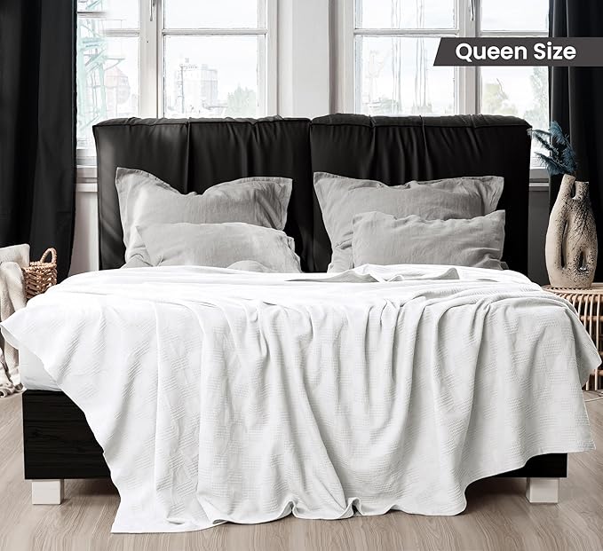 Utopia Bedding White 100% Cotton Blanket [Queen Size - 90x90 Inch] 350GSM Lightweight, Soft and Breathable Thermal Blanket for All Seasons