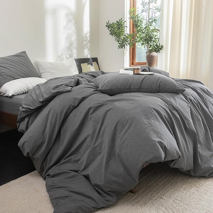 FOSSA Duvet Cover Set 100% Washed Cotton Linen Feel Super Soft Breathable Cozy 3 Pieces Bedding Sets Solid Dark Grey Oversized King