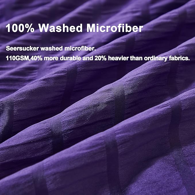 AveLom Seersucker Duvet Cover Set Queen Size (90 x 90 inches), 3 Pieces (1 Duvet Cover, 2 Pillow Cases), Dark Purple Ultra Soft Washed Microfiber, Textured Duvet Cover with Zipper Closure, Corner Ties