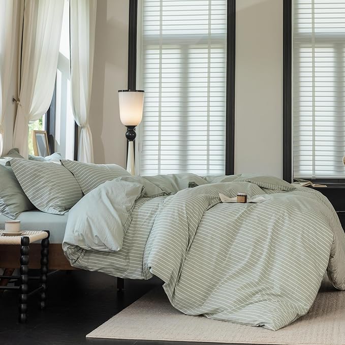 Reversible Duvet Cover Set 100% Washed Cotton Green Stripe Linen Feel Duvet Cover Queen Size with Zipper Closure & 2 Pillow Shams,Celadon Green/White Stripe Reverse Solid Celadon Green