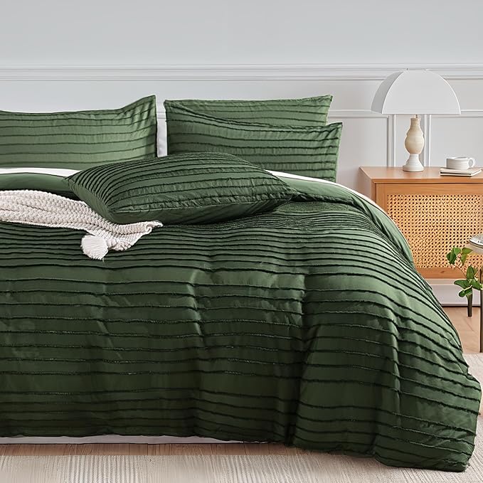 NEXHOME PRO Duvet Cover King Size, Blue 3 Pieces Boho Tufted Duvet Cover Set, Soft and Lightweight Microfiber Comforter Cover Set for All Season (Forest Green,104 x 90)-No Comforter