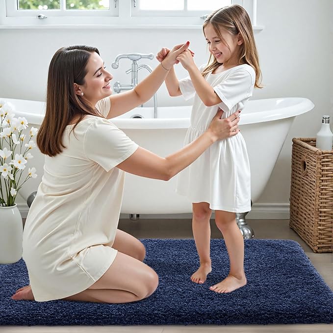 Bathroom Runner Rug 24x59 Navy Non Slip Fluffy Long Bath Mat for Bathroom Floor Washable Plush Luxury Bath Rug for Tub Absorbent Shower Sink Mat Bedside Rug