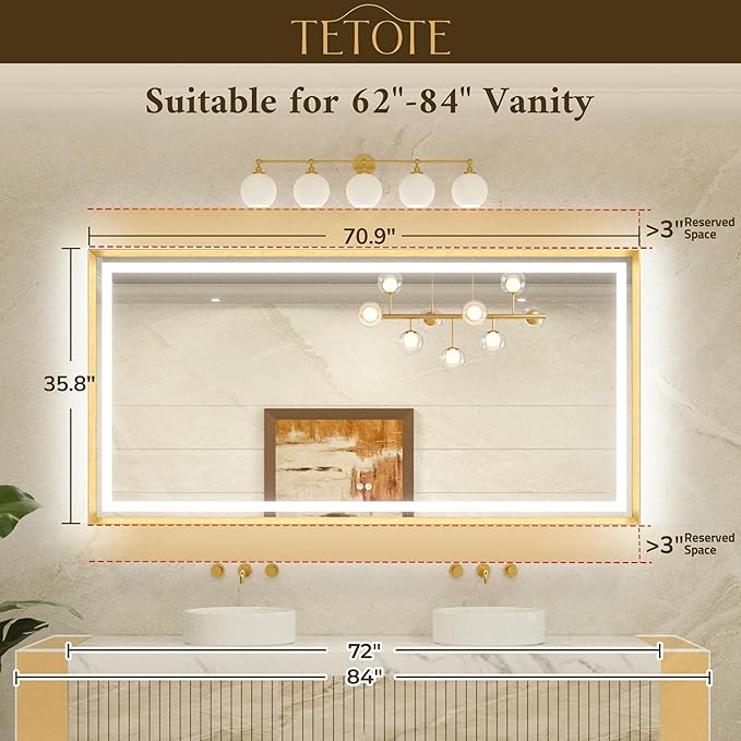 TETOTE 72 x 36 Large Bathroom Mirror Brushed Nickel Metal Frame Frontlit & Backlit Vanity Mirror 3 Colors White/Warm/Natural Stepless Dimmable Anti-Fog Bathroom Mirrors for Vanity Wall-Mounted