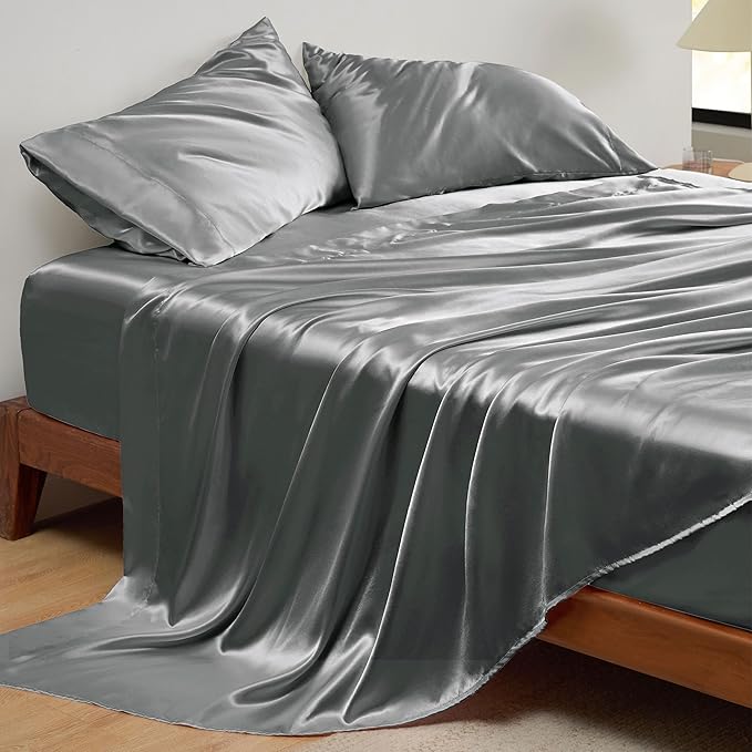 Bedsure Satin Sheets King Size - 4 Piece Silky Bedsheets with 15 Inches Deep Pocket Fitted Bedsheet,1 Flat Sheet, 2 Satin Pillowcases, Good for Hair & Skin (King, Dark Grey)