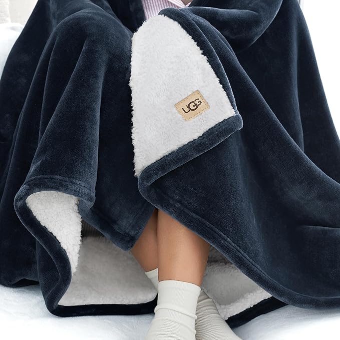 UGG Ariana Twin/Twin XL Blanket Fleece Fluffy Reversible Soft Fuzzy Bedding Plush Warm Oversized Bed Blanket Washable Bedroom Decor for Dorm Room Essential, 60-inch x 90-inch, Navy Blue