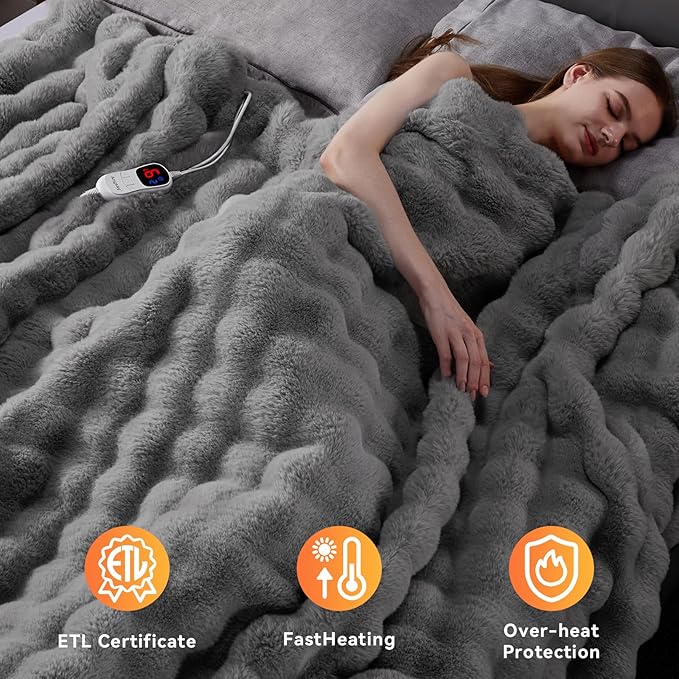 Heated Blanket Full Size with 1/2/4/6/8 Hours Auto-Off 10 Heat Level, 62'' * 84'' Cozy Faux Rabbit Fur Bubble Electric Blanket with Overheat Protection(Light Grey)