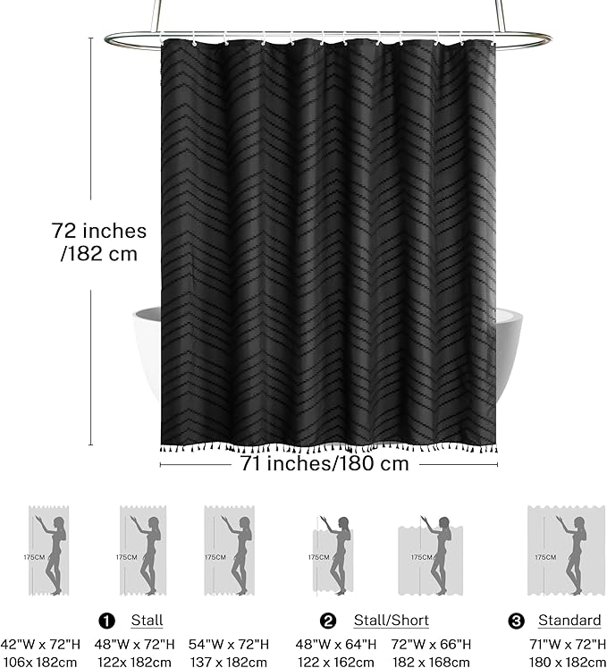 Boho Black Tassel Woven Fabric Shower Curtain 71 x 72 Modern Farmhouse Textured Tufted Chevron Striped Minimalist Bathroom Shower Curtain