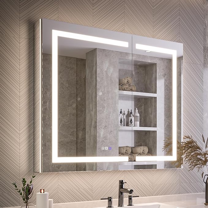 Lighted Medicine Cabinet with Mirror 42"x36" Recessed LED Medicine Cabinet Mirror, Front&Backlit, Anti-Fog, Stepless Dimming, 3-Color Temperatures, Magnifier, 2 Outlets, Storage Shelves, ETL Certified