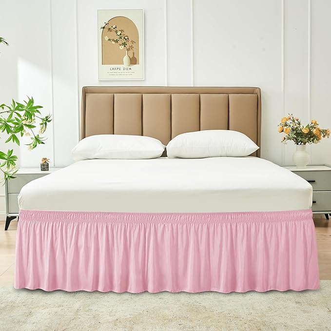 Biscaynebay Wrap Around Bed Skirts for King & Cal King Beds 15" Drop, Pink Adjustable Elastic Dust Ruffles Easy Fit Wrinkle & Fade Resistant Silky Luxurious Fabric Machine Washable